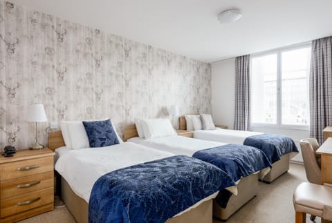 Desk, iron/ironing board, bed sheets