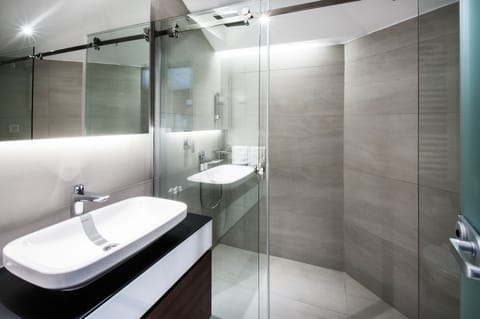 Shower, eco-friendly toiletries, hair dryer, bathrobes