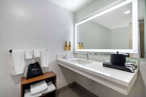 Combined shower/tub, eco-friendly toiletries, hair dryer, towels