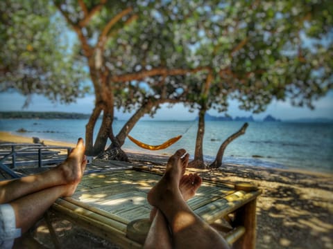 On the beach, sun loungers, beach towels