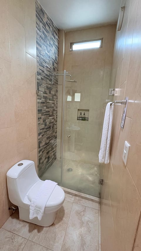 Shower, rainfall showerhead, free toiletries, hair dryer