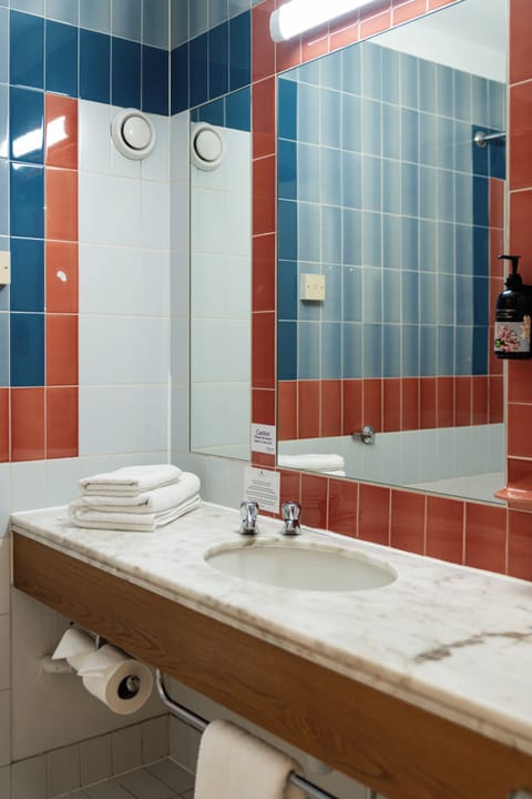 Combined shower/tub, free toiletries, hair dryer, towels