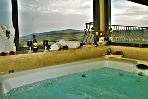 Separate tub and shower, jetted tub, free toiletries, hair dryer