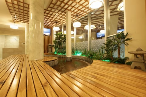Sauna, hot tub, steam room, deep-tissue massages, facials, reflexology
