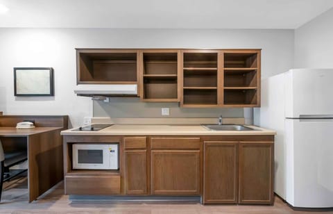 Full-size fridge, microwave, stovetop, freezer