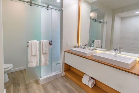 Shower, rainfall showerhead, designer toiletries, hair dryer