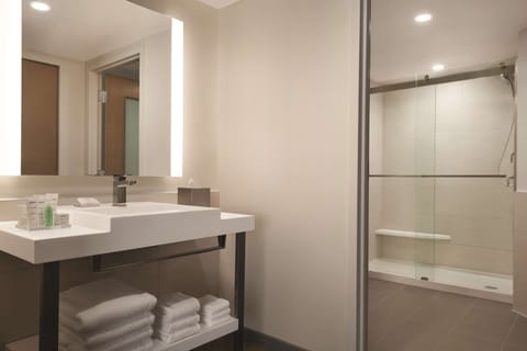 Shower, designer toiletries, hair dryer, towels