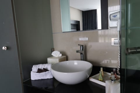 Standard Room, 1 King Bed, Non Smoking | Bathroom | Shower, rainfall showerhead, free toiletries, hair dryer