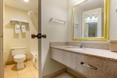 Combined shower/tub, deep soaking tub, free toiletries, hair dryer