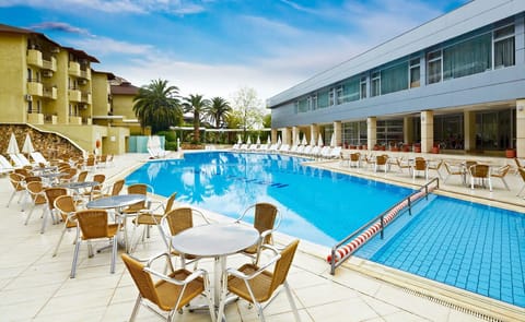 Indoor pool, outdoor pool, pool umbrellas, sun loungers