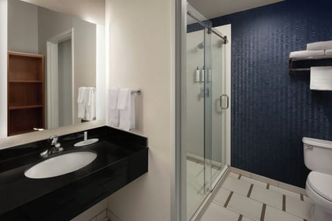 Combined shower/tub, free toiletries, hair dryer