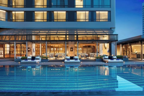 Outdoor pool, pool umbrellas