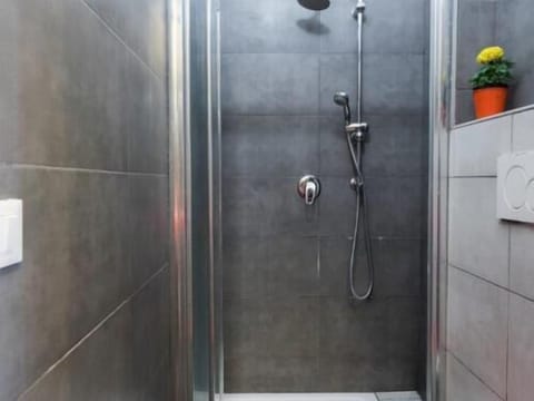 Shower, hair dryer, slippers, towels