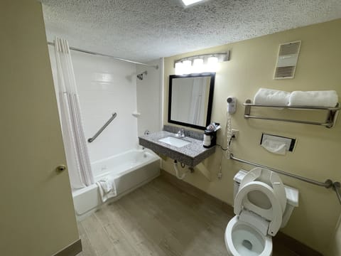 Combined shower/tub, free toiletries, hair dryer, towels