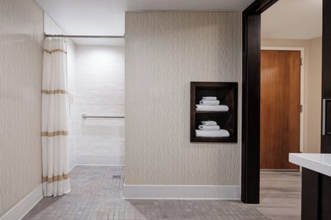 Combined shower/tub, free toiletries, hair dryer, towels