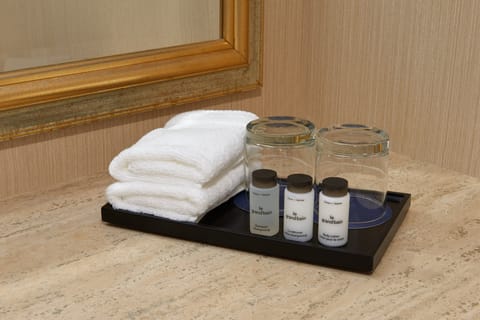 Combined shower/tub, free toiletries, hair dryer, towels