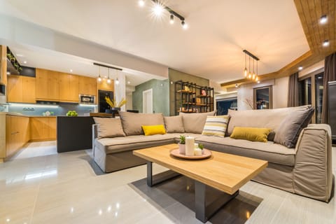 Villa, 3 Bedrooms, Sea View | Living area | 49-inch flat-screen TV with cable channels, TV, fireplace