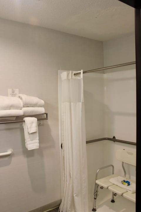 Combined shower/tub, free toiletries, towels