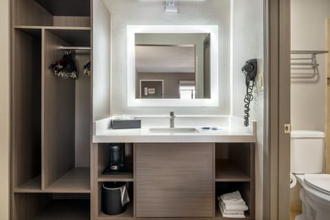 Combined shower/tub, free toiletries, hair dryer, towels