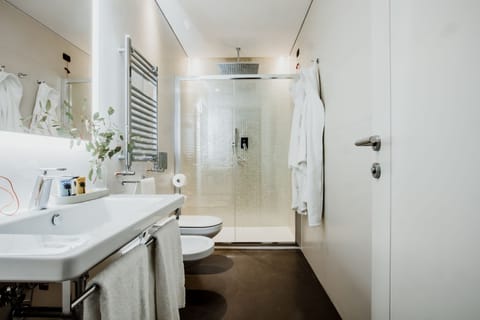 Shower, rainfall showerhead, designer toiletries, hair dryer