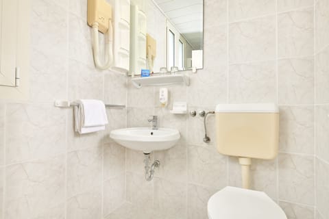 Economy room with french bed park side - single use | Bathroom | Shower, free toiletries, hair dryer, towels