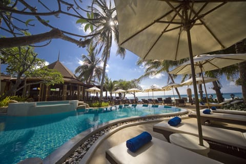Outdoor pool, pool umbrellas, sun loungers