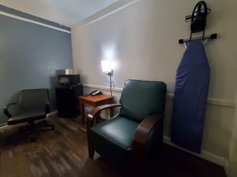 Down comforters, desk, laptop workspace, blackout drapes