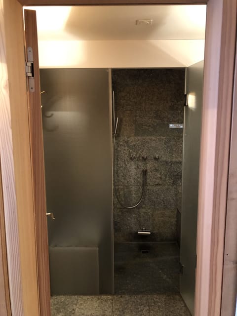 Shower, hair dryer, bathrobes, towels