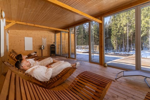 Sauna, hot tub, steam room, aromatherapy, sports massages, facials