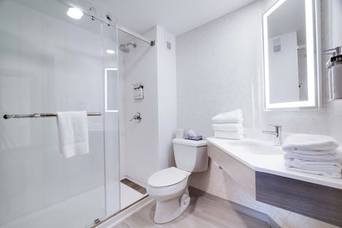 Combined shower/tub, free toiletries, hair dryer, towels