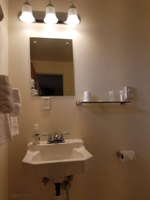 Shower, rainfall showerhead, free toiletries, hair dryer