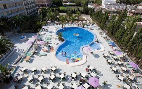 Outdoor pool, pool umbrellas, sun loungers
