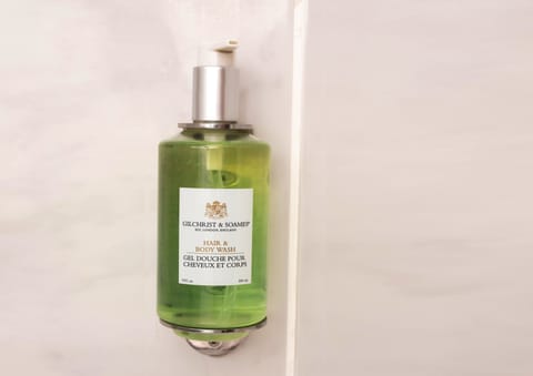 Combined shower/tub, free toiletries, hair dryer, towels