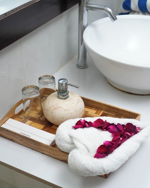 Shower, rainfall showerhead, free toiletries, hair dryer