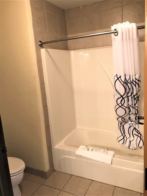 Combined shower/tub, hair dryer, towels