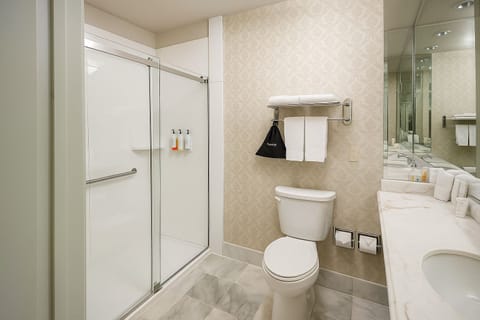 Combined shower/tub, rainfall showerhead, free toiletries, hair dryer