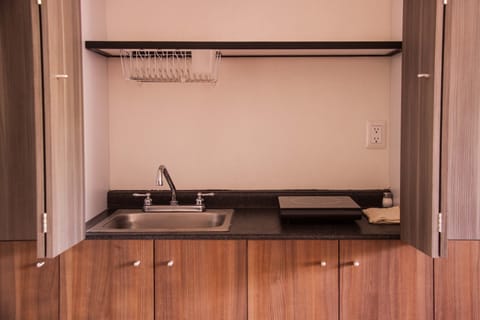 Fridge, microwave, stovetop, coffee/tea maker