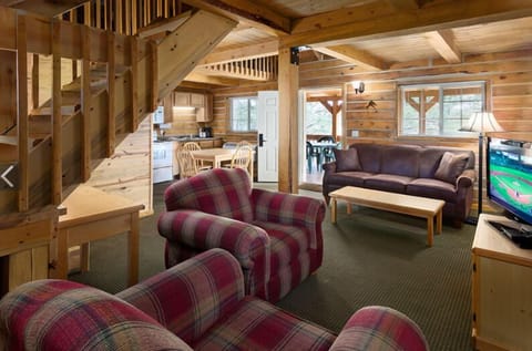 Queen Loft Cabin, 3 Twins, Kitchen | Living area | 35-inch flat-screen TV with cable channels, TV