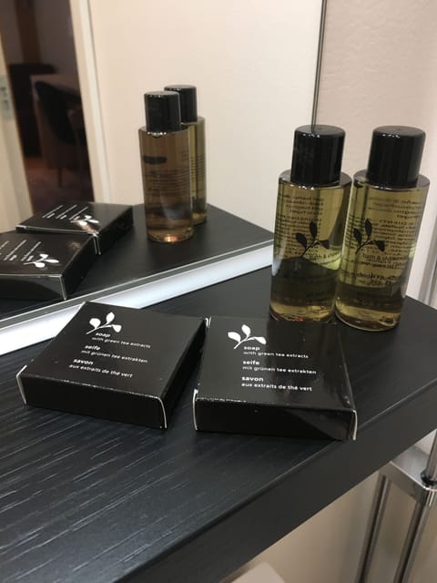 Shower, free toiletries, hair dryer, towels