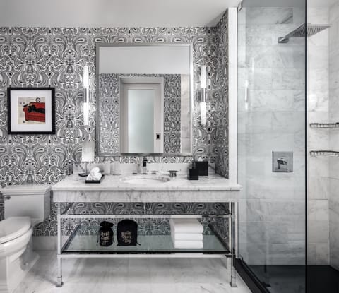 Rainfall showerhead, designer toiletries, hair dryer, bathrobes