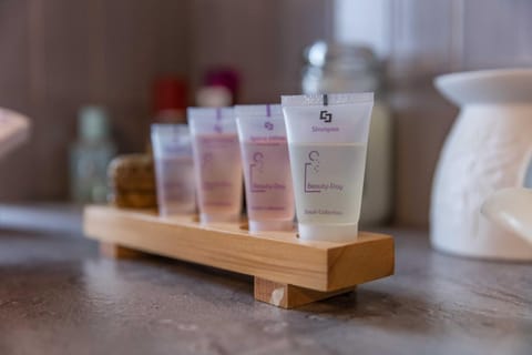 Shower, free toiletries, hair dryer, towels