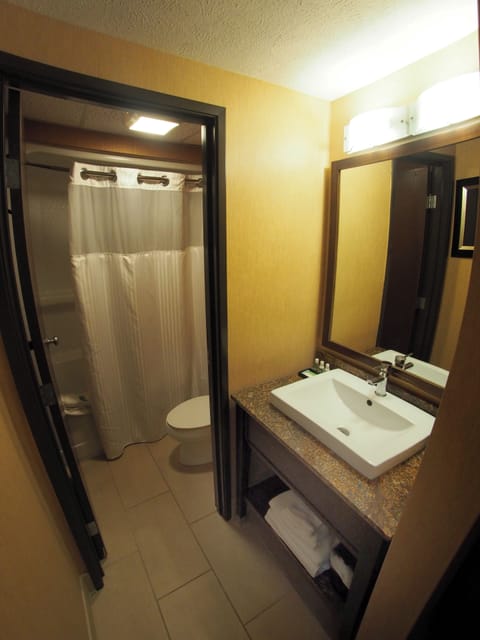 Combined shower/tub, hair dryer, towels