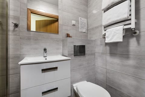 Economy Twin Room, Ground Floor (Indoor Ice Rink View) | Bathroom | Shower, free toiletries, hair dryer, towels