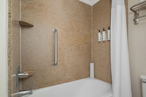 Combined shower/tub, free toiletries, hair dryer, towels