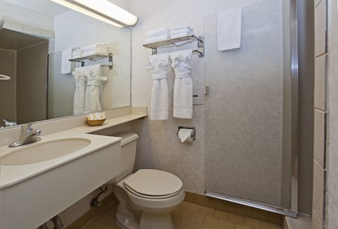 Shower, free toiletries, hair dryer, towels