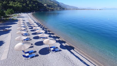 Beach nearby, sun loungers, beach umbrellas, beach bar