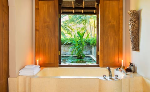 Separate tub and shower, free toiletries, hair dryer, bathrobes