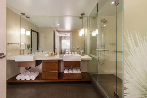 Designer toiletries, hair dryer, towels, shampoo