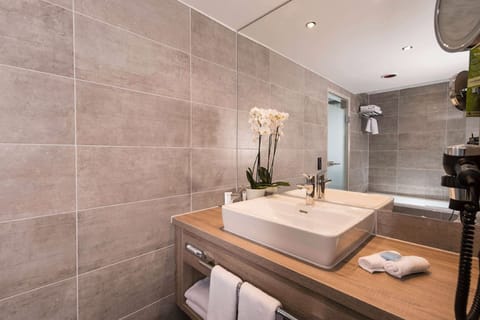 Combined shower/tub, free toiletries, hair dryer, towels