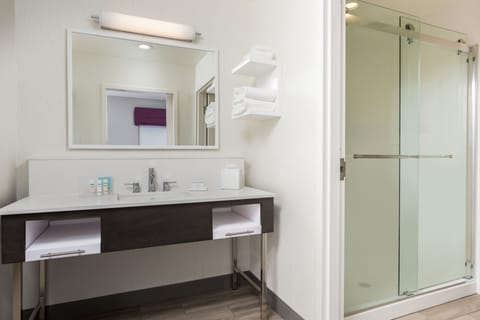 Hair dryer, towels, soap, shampoo